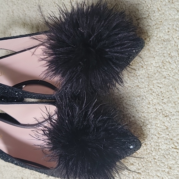 Kate Spade Black Glitter Heels With Feather Pom Pom Women Size‎ 6.5 - Picture 4 of 10